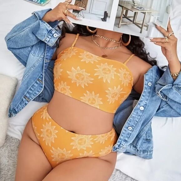 Plus size Sunflower cami top 2pc bikini set - Picture 1 of 5